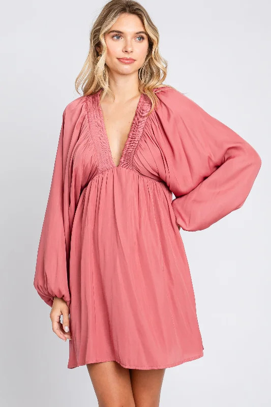 Huge Savings long sleeve dressMauve Deep V-Neck Long Sleeve Dress