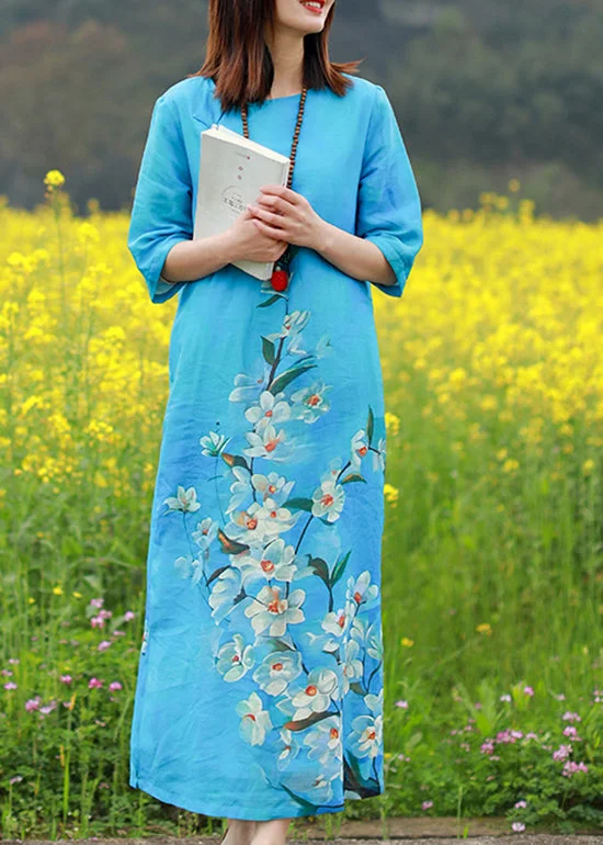 Midnight Sale minimalistic dressBoutique Blue O-Neck side open Floral Print Linen Long Dresses Half Sleeve Midnight Sale minimalistic dressBoutique Blue O-Neck side open Floral Print Linen Long Dresses Half Sleeve
