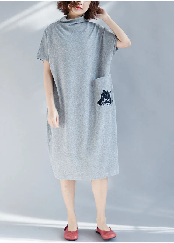 Reduced Prices long sleeve dressLight Grey Pockets Cotton Vacation Dresses Embroideried Short Sleeve