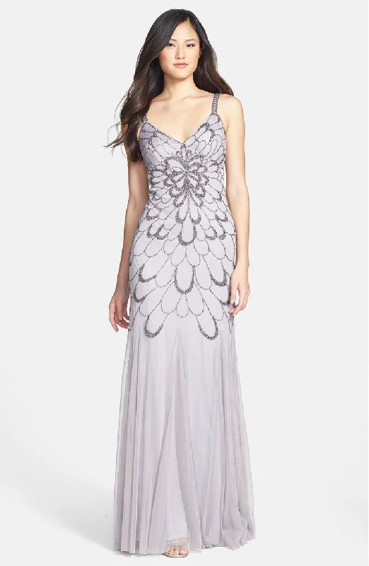 elegant dressAdrianna Papell Beaded Backless Mesh Art Deco Gown - Heather Grey