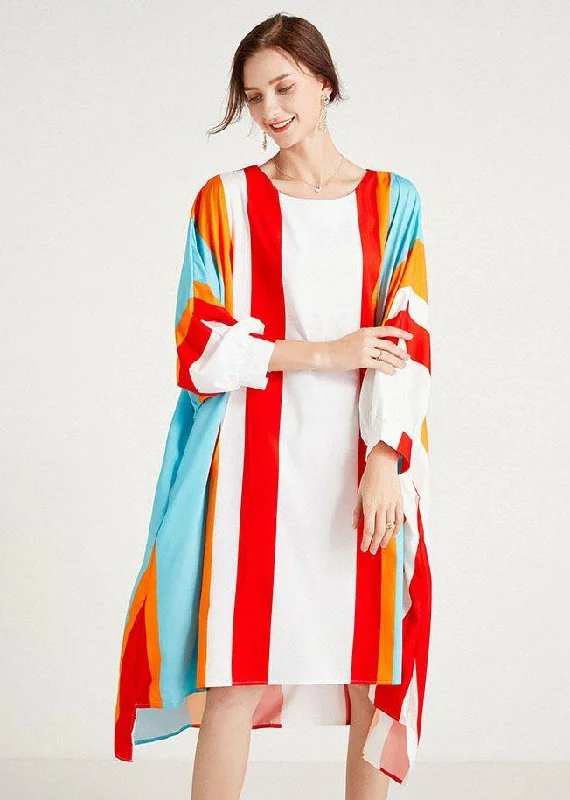 Act Fast trendy mini dressWomen Red Striped O-Neck Asymmetrical Design Summer Long Dress Sleeve