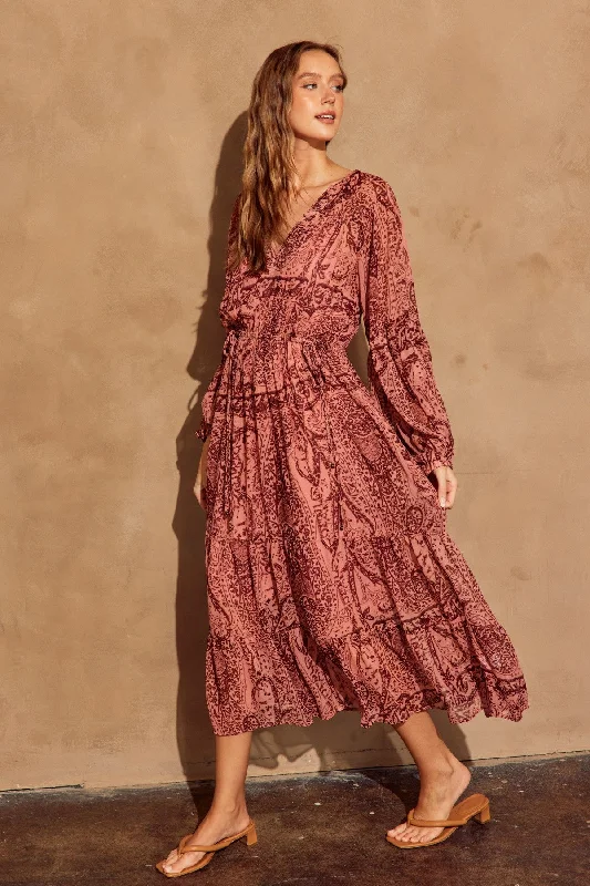 Exclusive Online Offer form-fitting dressMauve Wine Printed Bubble Sleeve Tiered Dress Exclusive Online Offer form-fitting dressMauve Wine Printed Bubble Sleeve Tiered Dress