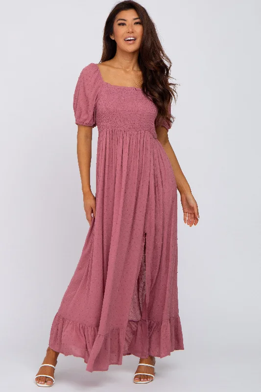 Final Clearance trendy mini dressMauve Swiss Dot Square Neck Smocked Maxi Dress