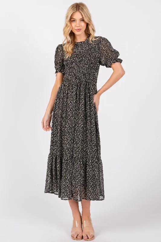 Online Only formal dressBlack Printed Smocked Midi Dress
