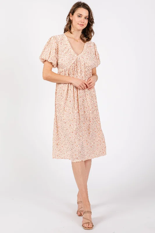 Don't Wait vintage-inspired dressPeach Floral Puff Sleeve Midi Dress