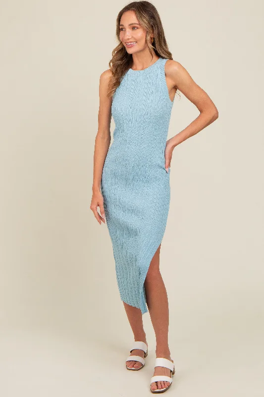 Limited Edition elegant shift dressLight Blue Ribbed Side Slit Sleeveless Midi Dress