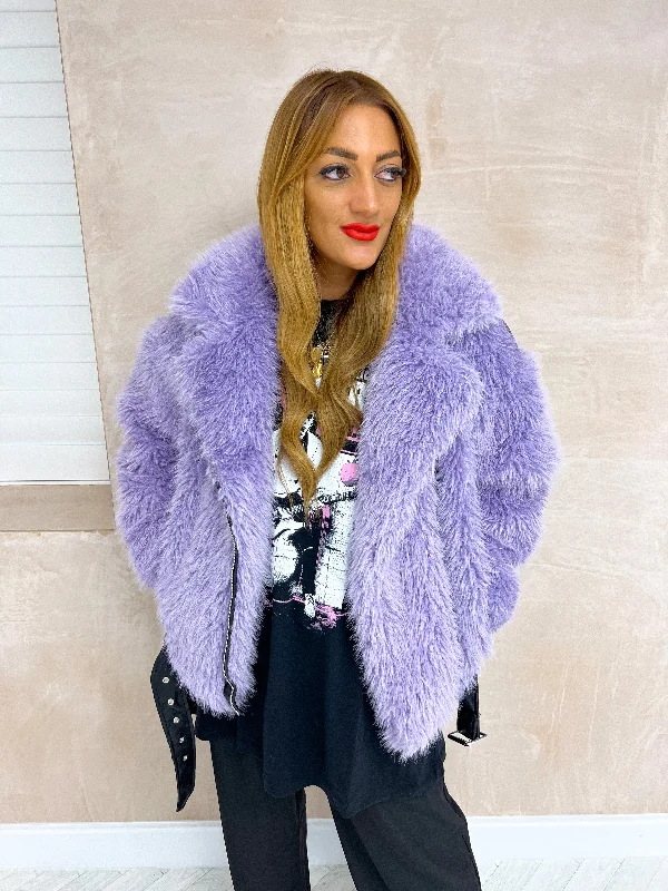Blowout Deals cozy winter coatFaux Fur Biker Style Jacket In Lilac