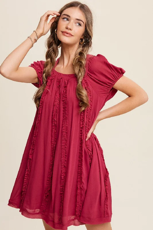 Deal Dash party-ready dressMagenta Square Neck Puff Sleeve Flowy Dress With Ruffle