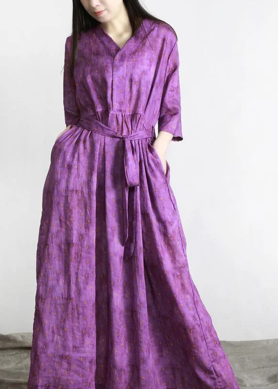 Time-Limited Offer sleek midi dressWomen Purple Print Linen tie waist Summer Robe Dresses