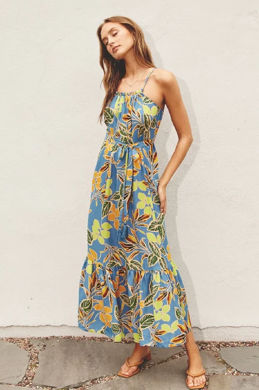 Deal Explosion trendy dressBlue Floral Open Back Midi Dress