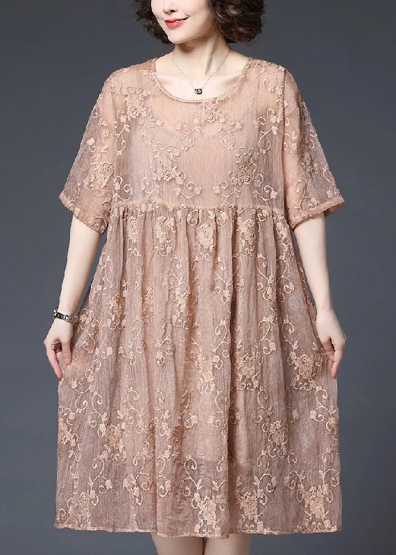 Deep Discounts satin midi dressStyle Pink O-Neck embroidery Wrinkled Lace Dress Two Piece Set Short Sleeve