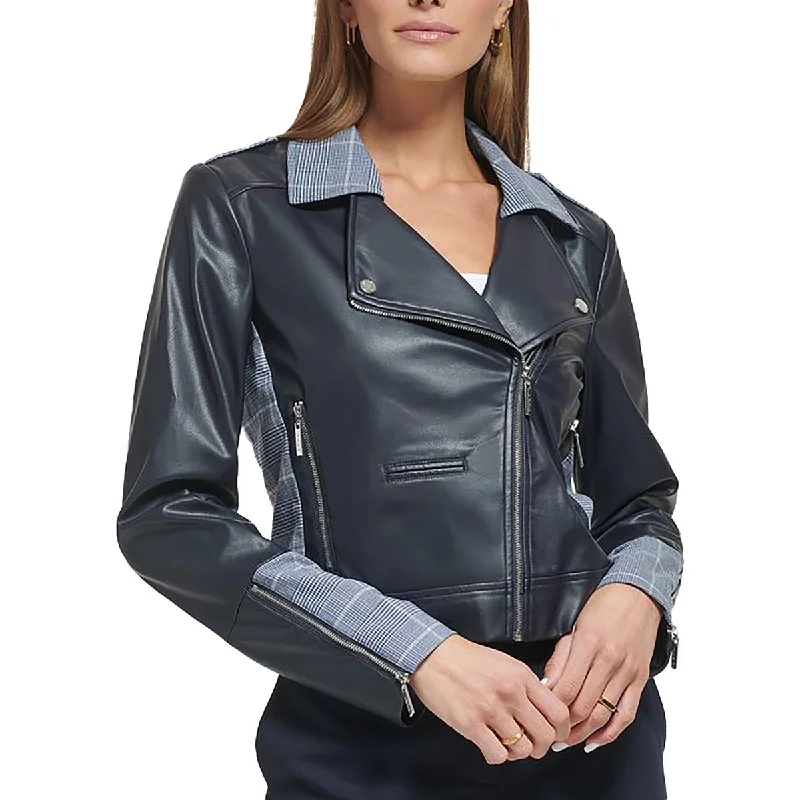 Clearance Sale Womens Faux Leather Plaid Trim Leather Jacket