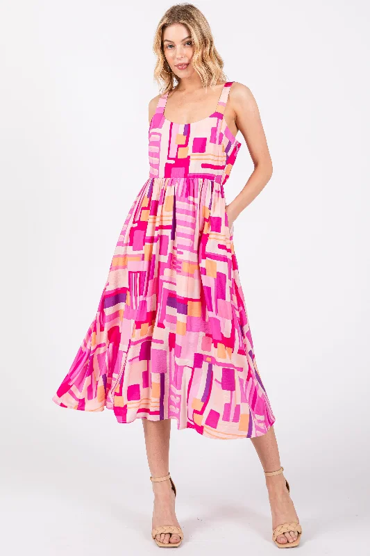 Savings Galore comfy dressFuchsia Geo Printed Cut Out Back Detail Midi Dress