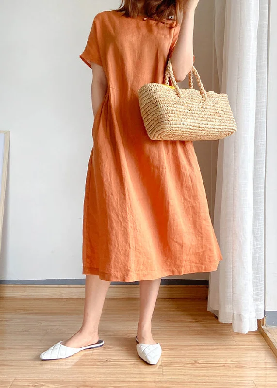 Unmissable Offer modern dressOrange Linen Blouse Top O-Neck Cinched Short Sleeve