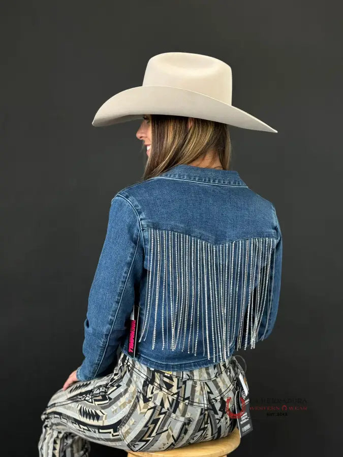Weekend Deal Rock&Roll Womens MEDIUM WASH FRINGE DENIM CROPPED BLAZER