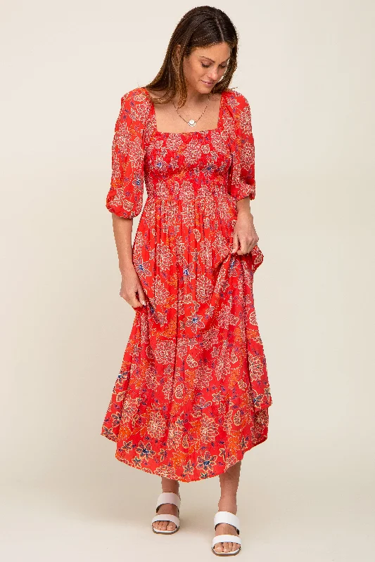 Daily Deals one-shoulder dressRed Floral Smocked Square Neck Tiered Midi Dress