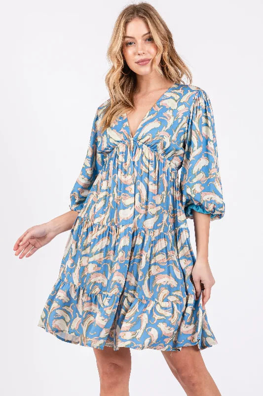 The Best Prices sleek midi dressBlue Printed Tiered Sweetheart Dress