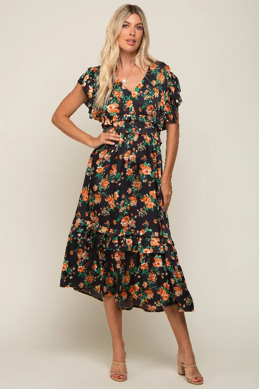 Unmissable Offer printed dressBlack Floral Satin Ruffle Midi Dress