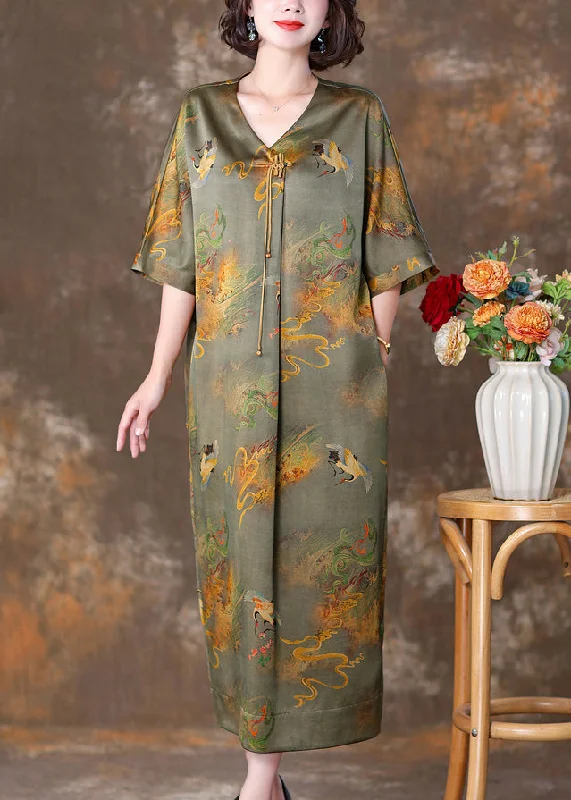 shift dressGreen Print Pockets Silk Dresses V Neck Half Sleeve