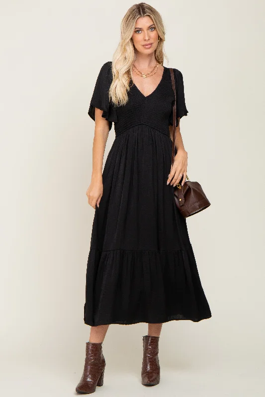 New Arrival floral dressBlack Satin Smocked Midi Dress