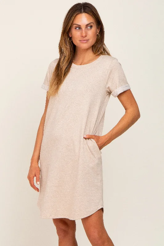 Take Advantage long-sleeve floral dressBeige French Terry Cuffed Short Sleeve Dress