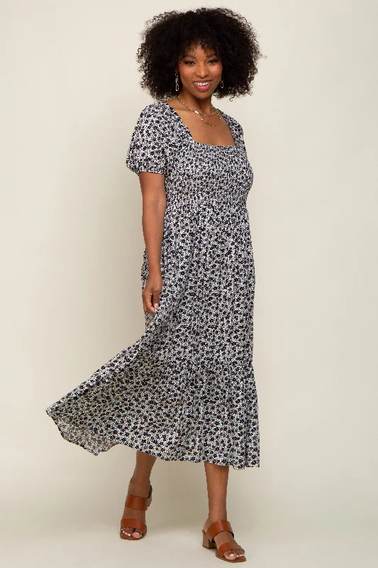 Sale Event romantic dressBlack Floral Smocked Short Sleeve Midi Dress