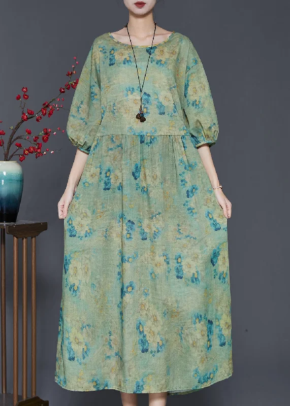 chic shift dressGreen Print Linen Vacation Dresses Oversized Summer