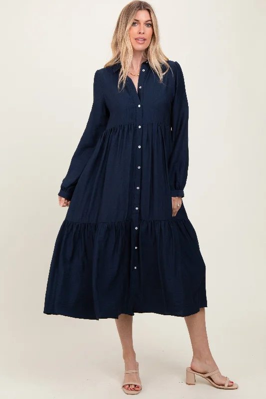 Last Chance minimalistic dressNavy Button Down Long Sleeve Midi Shirt Dress
