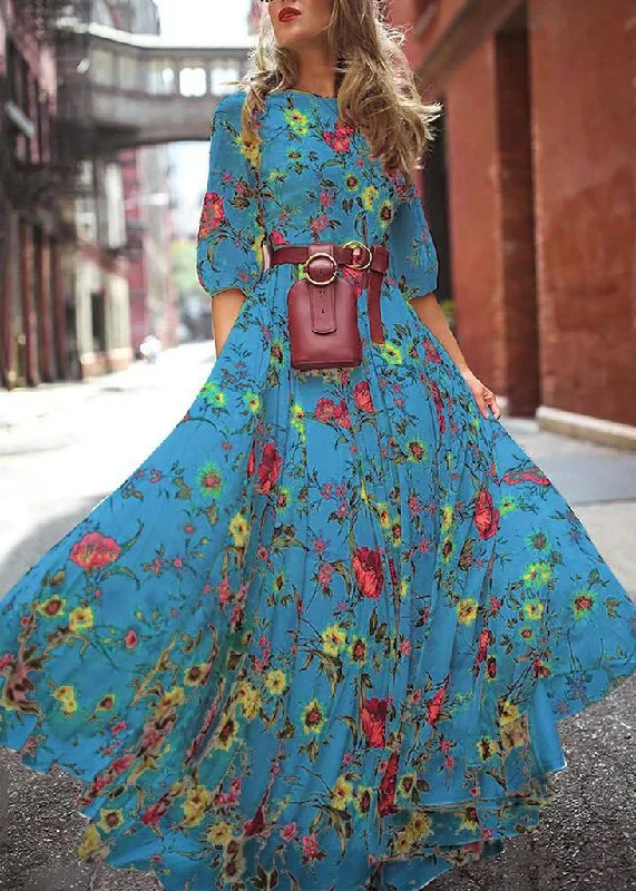 casual evening dressFrench Blue O-Neck Print Chiffon Long Dresses Half Sleeve