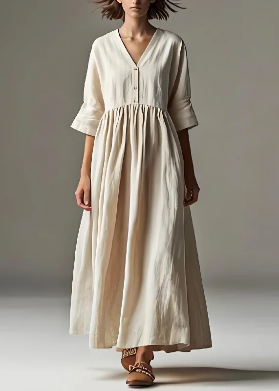 modern dressLoose Beige V Neck Wrinkled Patchwork Linen Long Dresses Summer