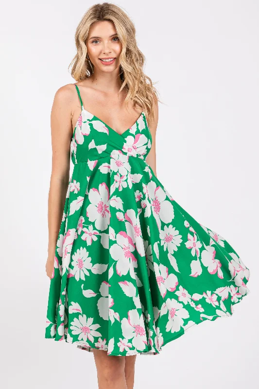 Year-End Sale vintage-inspired dressGreen Floral Wrap Top Accent Dress