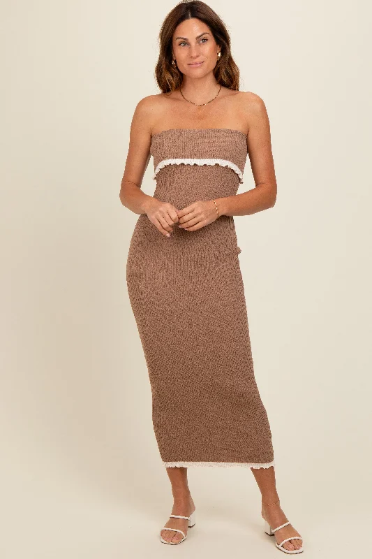 Year-End Sale trendy dressTaupe Contrast Trim Strapless Knit Dress