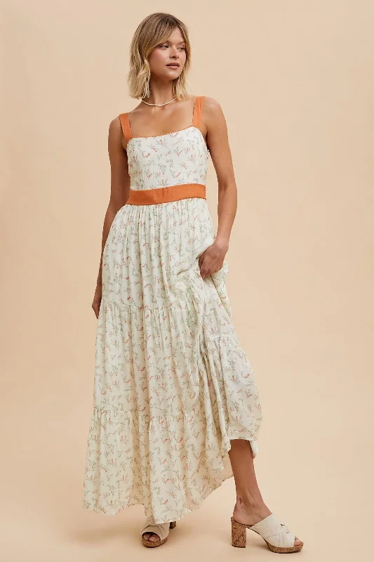 Price Fest ashionable dressOrange Floral Contrast Sash Tie Maxi Dress