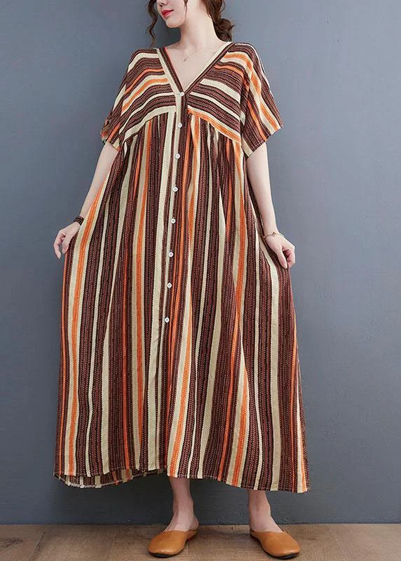 Flash Sale wrap dressFashion Orange Striped V Neck Patchwork Holiday Cotton Linen Dress