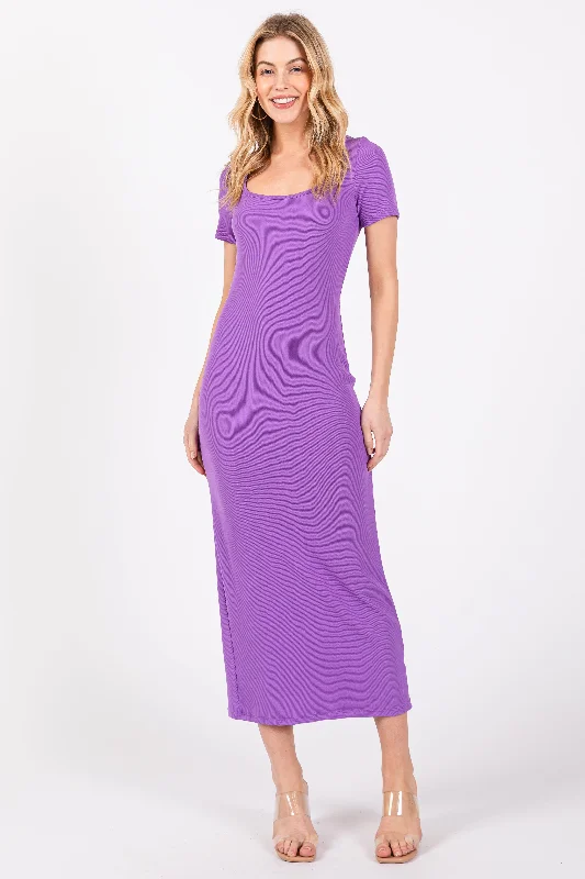 Deal Frenzy stylish dressPurple Ribbed Fitted Midi Dress