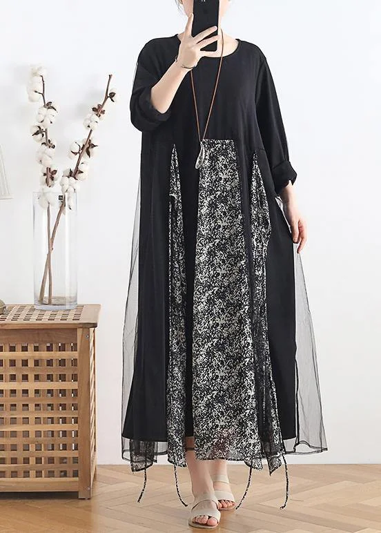 Overstock playful dressWomen o neck clothes Women Tutorials black patchwork print Maxi Dresses