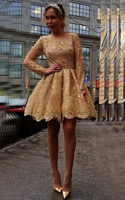 casual summer dressVintage Gold Sequins Lace A-Line Short Homecoming Prom Dress-331828