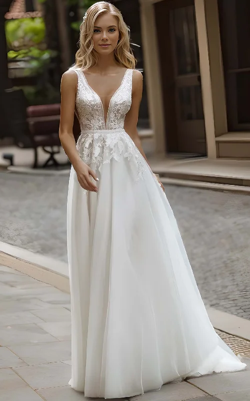 satin dressModern Elegant Plunging Neckline A-Line Boho Lace Wedding Dress Beach Floral Appliqued Low Back Sweep Train Bridal Gown