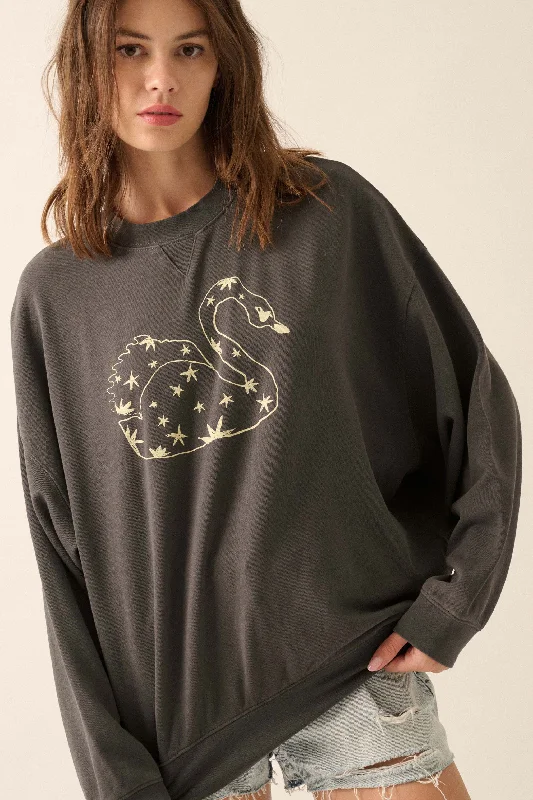 cool activewear hoodieCelestial Swan Garment-Dyed Graphic Sweatshirt