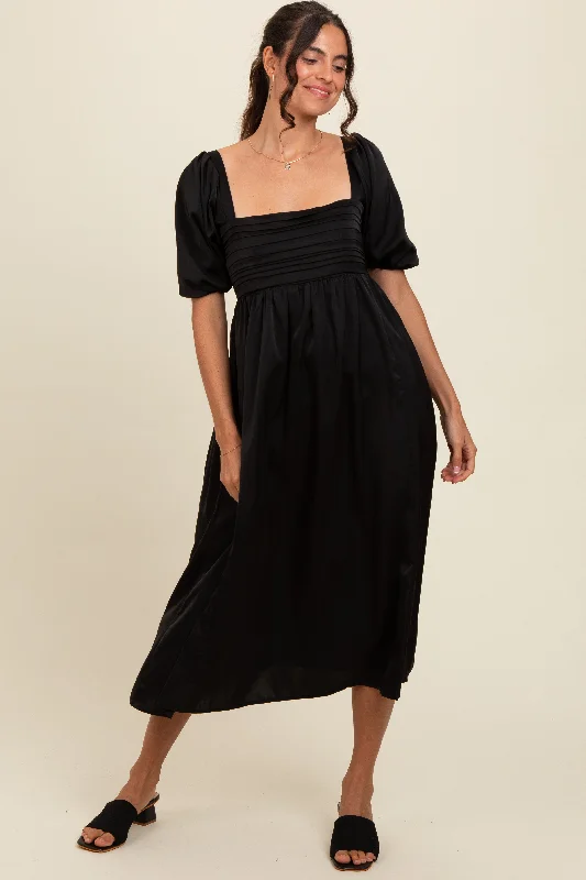 Factory Direct Sale high-waisted dressBlack Satin Pleated Bodice Puff Sleeve Midi Dress Factory Direct Sale high-waisted dressBlack Satin Pleated Bodice Puff Sleeve Midi Dress