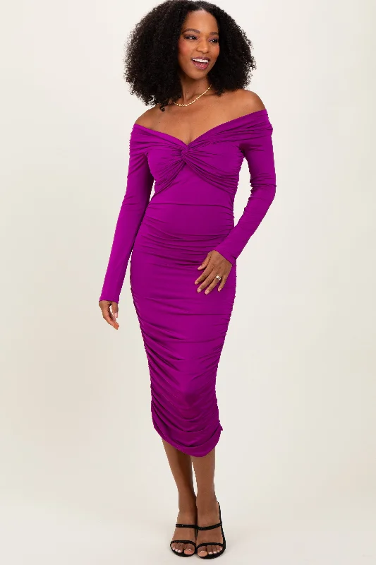 TIME-Limited Offer cocktail party dressPurple Off Shoulder Ruched Long Sleeve Midi Dress