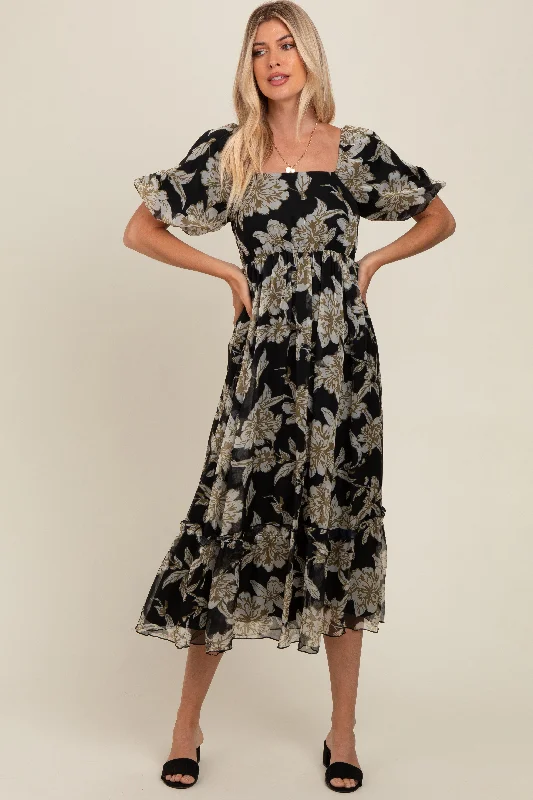 Extra Discounts satin midi dressBlack Floral Chiffon Ruffle Hem Midi Dress