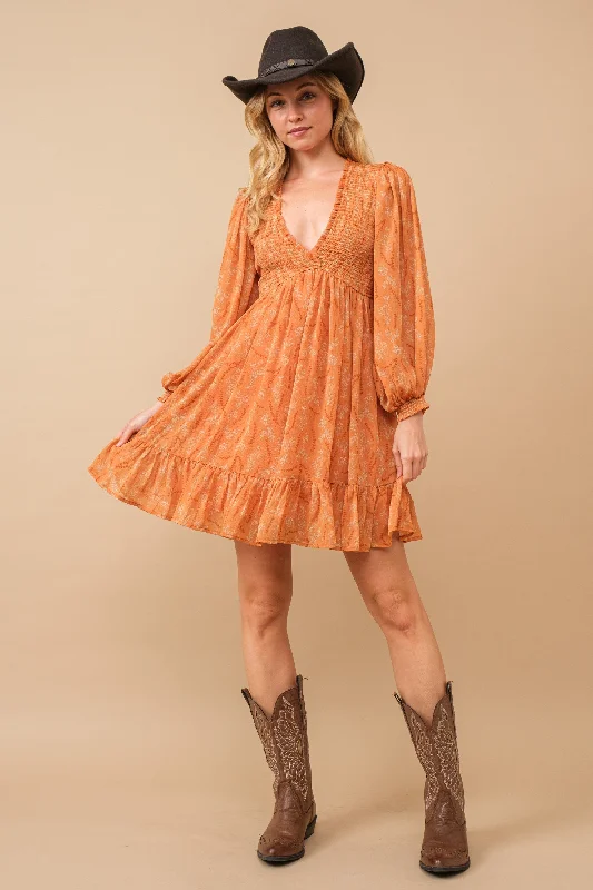 Crazy Deals off-the-shoulder dressOrange Floral Smocked Long Sleeve Dress