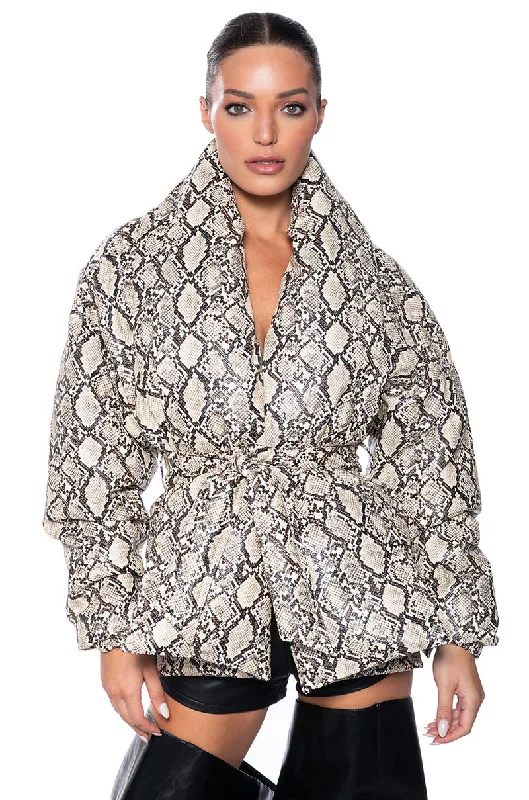 Loyalty Reward minimalist jacketPICK YOUR POISON FAUX LEATHER SNAKE PUFFER