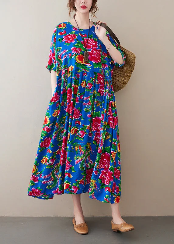 Deal Zone trendy dressVintage Blue O-Neck wrinkled Floral Print Long Dress Short Sleeve