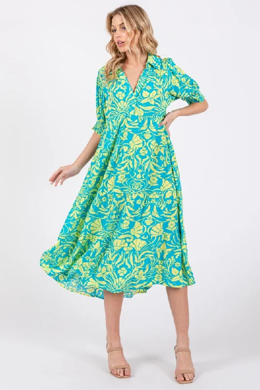 Price Fest minimalistic dressTurquoise Floral V-Neck Tiered Midi Dress
