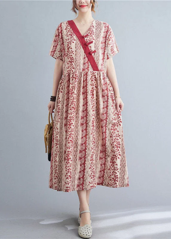 One-DAY Sale flowy dressBohemian Red V Neck Print Button Long Dress Short Sleeve