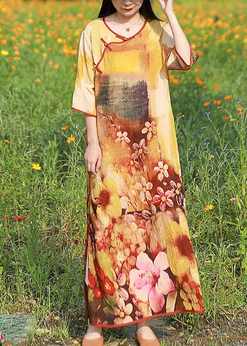 Limited Time Discount casual day dressElegant Light Yellow O-Neck side open print Long Dress Half Sleeve Limited Time Discount casual day dressElegant Light Yellow O-Neck side open print Long Dress Half Sleeve