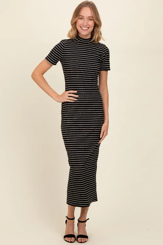 Midnight Madness stylish dressBlack Striped Mock Neck Fitted Midi Dress