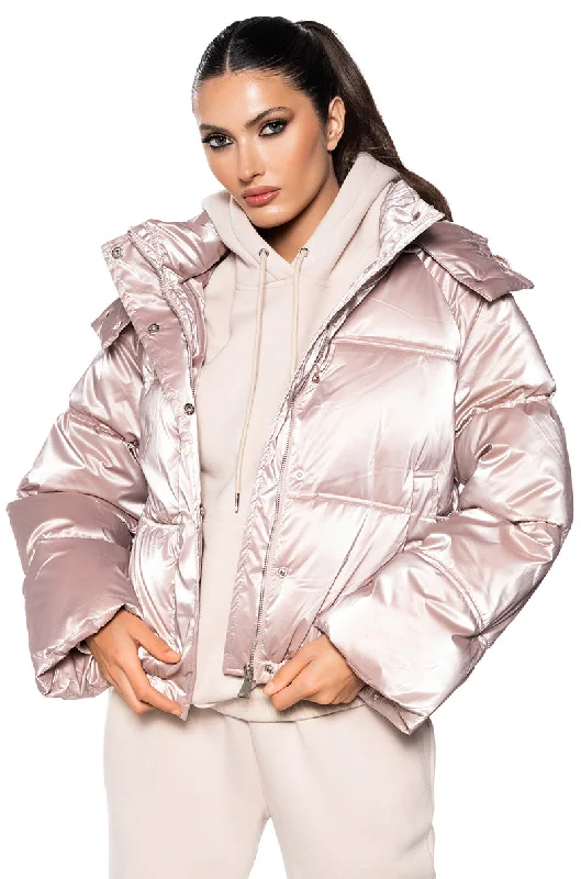 Bargain Prices sporty outerwearPINK METALLIC PUFFER JACKET